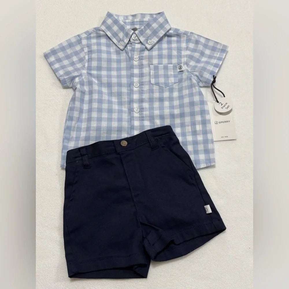 Infant Boy 3/6M Sperry Light Blue Checkered Shirt and Dark Blue Shorts Set - NWT